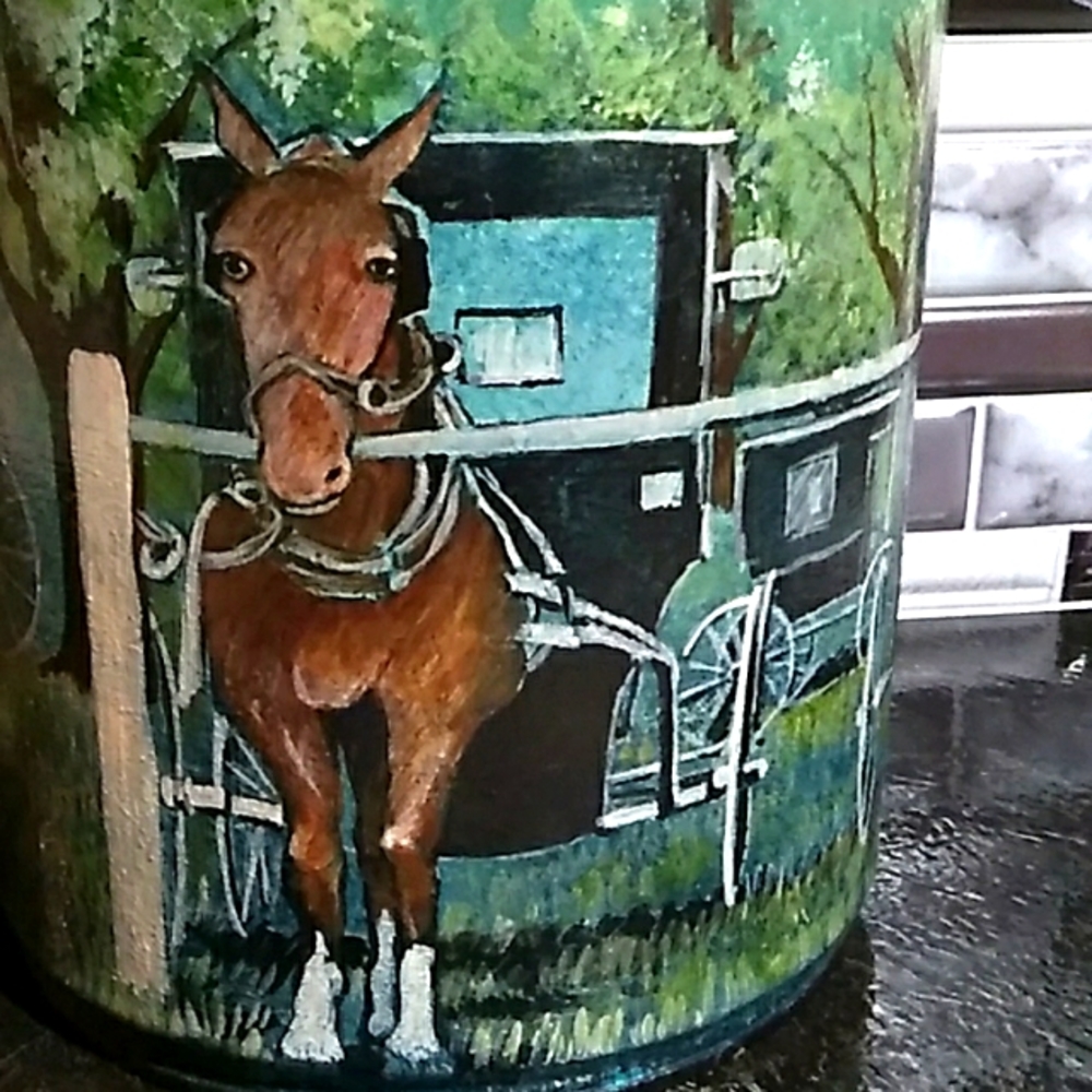 Amish Farm Painting ~ Art Work Painted on Metal Pail Authentic Anon